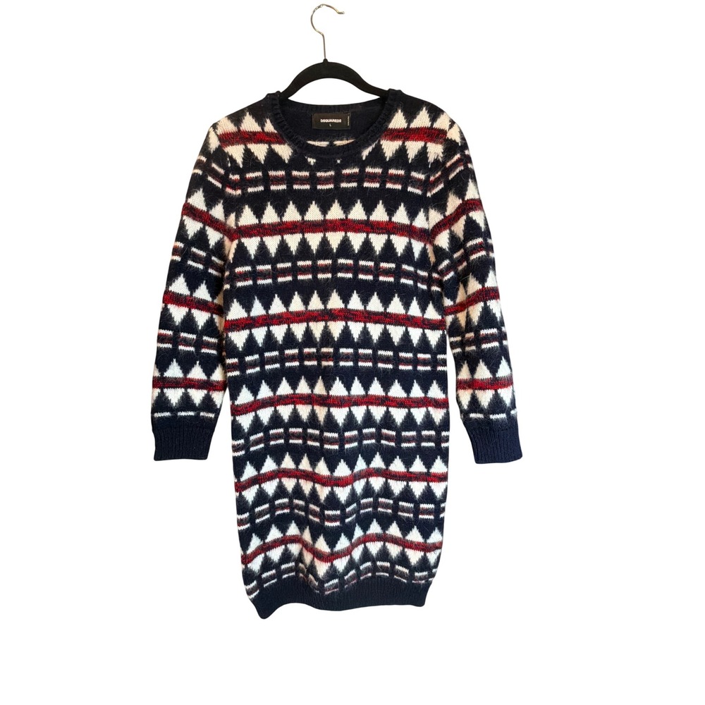 Dsquared2 Wool Angora Fair Isle Knit Sweater Dress Navy Blue Red White Large